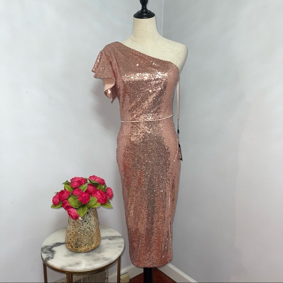 # Mac Duggal Rose Gold Sequins One Shoulder Ruffle Mini Dress / Gown New W/ Tag - Picture 5 of 17